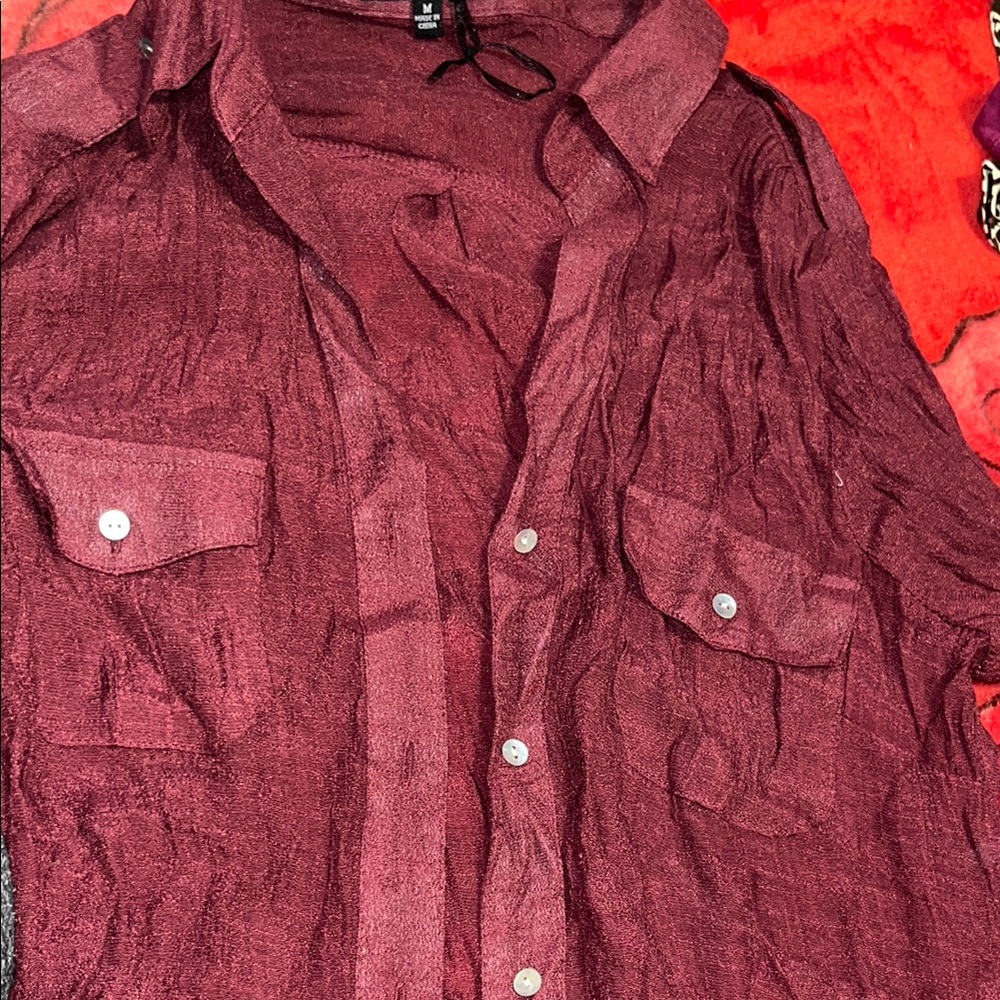 Burgundy Sheer Button-Up Shirt
